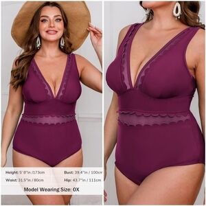 NWT Cupshe Red Scalloped Mesh V Plunge Cut Out One Piece Swimsuit Bathing 1X